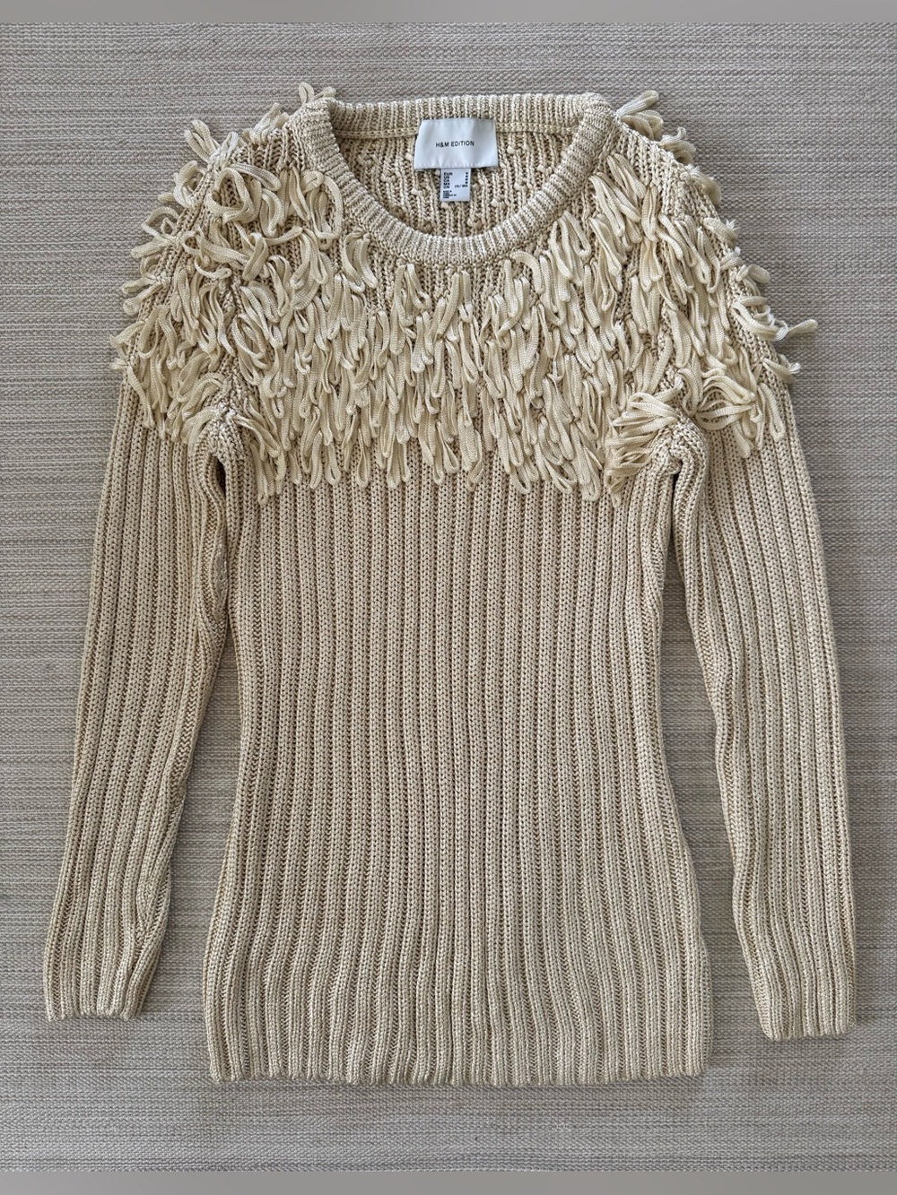 H&M light beige fringe detail long sleeve rib knit top sweater women’s size M